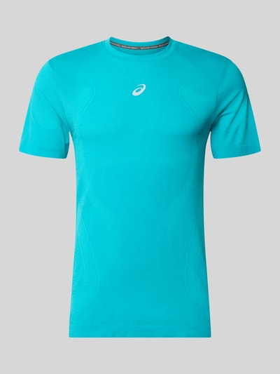Produktfoto, Slim Fit RUNNING T-Shirt Modell 'ROAD' von ASICS in Türkis, Rundhalsausschnitt, Label-Print in metallic, glatte Textur, Rückenlänge bei Größe M 72 cm