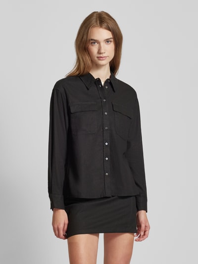 Only Oversized linnen blouse met paspelzakken op de borst, model 'CARO' Zwart - 4