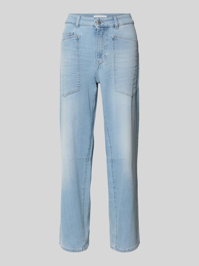 Produktfoto, Straight Fit Jeans mit aufgesetzten Taschen Modell 'Melly' von OPUS PANTS aus hellblauem Baumwoll-Mix, 5-Pocket-Design, Knopf- und Reißverschluss, Damen Jeans, Bundweite 39 cm, Innenbeinlänge 71 cm.