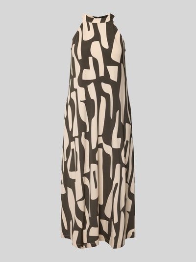 Produktfoto, Midikleid im Allover-Look Modell 'Wina dune' von OPUS aus Viskose-Elasthan-Mix, abstraktes Muster in Beige und Dunkelbraun, A-Linie, Neckholder, Knopfverschluss, 120 cm Rückenlänge, 49 cm Brustweite bei Größe 36.
