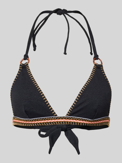 Produktfoto, Bikini-Oberteil mit Schnürung Modell 'WAKO SANTANY' von Banana Moon, czarny materiał z kolorowymi przeszyciami, dopasowany krój, materiał z domieszką stretchu, wiązany na szyi