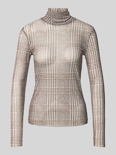 Produktfoto, Slim Fit Longsleeve mit Stehkragen von Rich & Royal, semitransparent, elastischer Material-Mix, braun-gemustert