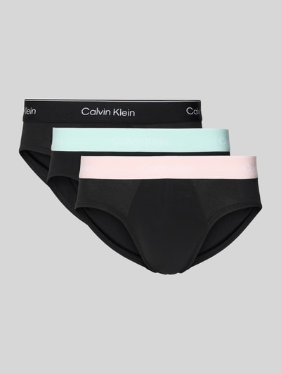 Produktfoto, Slip aus Baumwoll-Mix im 3er-Pack von Calvin Klein Underwear, schwarze Slips, elastischer Logo-Bund in Schwarz, Mint und Rosa, eng anliegende Passform, glatte Textur