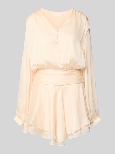 Produktfoto, Minikleid mit kurzer Knopfleiste Modell 'MAGALI' von Guess in zartem Beige, taillierter Schnitt, Volantsaum, seidige Textur