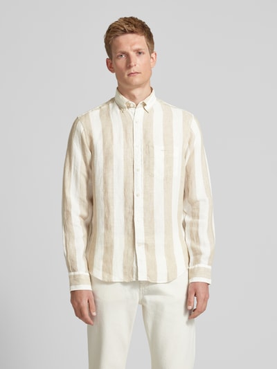 Gant Koszula lniana o kroju regular fit ze wzorem w blokowe pasy Beżowy 4