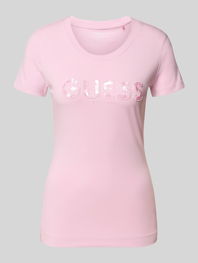 Guess T-shirt z detalem z logo Różowawy 2