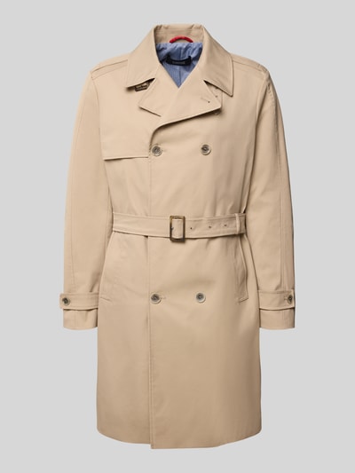 Produktfoto, sandfarbener Regular Fit Trenchcoat mit Reverskragen Modell 'Aberdeen' von CINQUE, abnehmbarer Stoffgürtel, Doppelknopfleiste