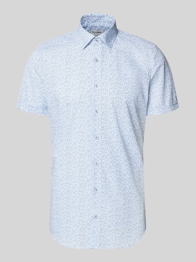 Produktfoto, Slim Fit Business-Hemd mit Kentkragen von OLYMP Level Five, weiß-blauer Baumwoll-Mix mit Stretch-Anteil, Knopfleiste, abgerundeter Saum, feines Muster, ideal für Business-Looks, Rückenlänge 80 cm, Schulterbreite 40 cm, Ärmellänge 25 cm in Größe 40.