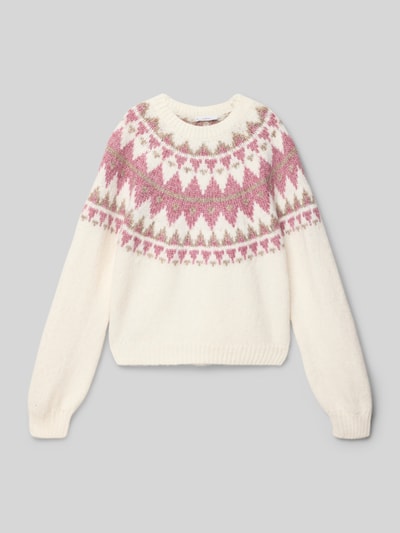 Produktfoto, cremefarbener Strickpullover mit rosa-grauem Muster, gerippte Abschlüsse, Rundhalsausschnitt, Modell 'erika' von Mango, Kinder, Material-Mix, lockerer Schnitt