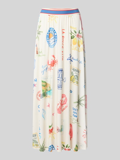 Produktfoto, Maxirock mit Allover-Motiv-Mix von Oui in Creme mit bunten Aufdrucken, Elastischer-Material-Mix, A-Linie, sichtbarer Bund