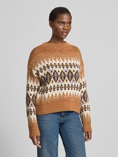 Oui Sweter z norweskim wzorem i okrągłym dekoltem Camel 4
