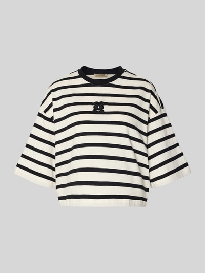 Produktfoto, Cropped T-Shirt mit Motiv-Stitching von Smith and Soul, biało-czarne paski, czysta bawełna, krój loose fit, okrągły dekolt