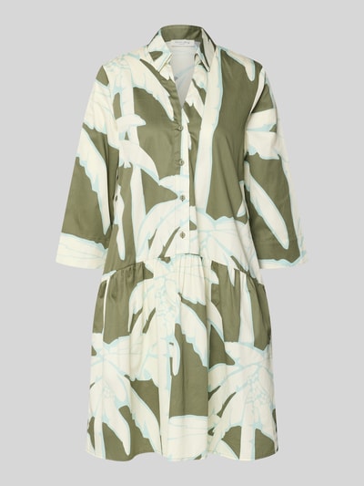 Produktfoto, Knielanges Hemdblusenkleid mit Eingrifftaschen von Christian Berg Woman, zielone i białe barwy, leniwy wzór, czysta bawełna, krój A-linia, długość do kolan, allover print, listwa guzikowa, długość tyłu w rozmiarze 36: 100 cm, szerokość w rozmiarze 36: 45 cm, długość rękawa w rozmiarze 36: 48 cm