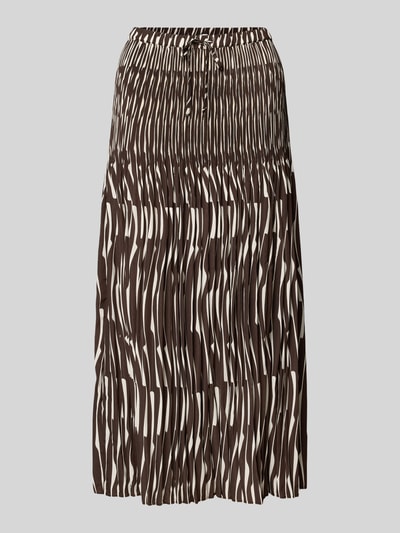 Productfoto, Midirok in plissélook model 'Ribane' van OPUS, lichte a-lijn, elastische tailleband met trekkoord, bruin-beige motief