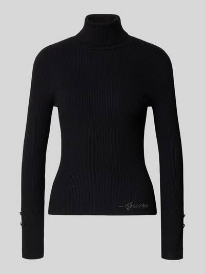 Produktfoto, Strickpullover aus Viskose-Mix mit Rollkragen von GUESS, zwarte riblook, slim fit, model 'ELLIE', labeldetail, dames, ruglengte maat S 54 cm, mouwlengte maat S 62 cm
