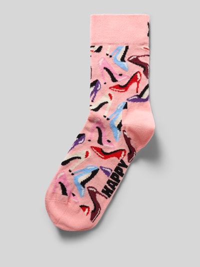 Produktfoto, Socken mit Allover-Motiv-Print von Happy Socks, rosa Grundton, kunterbunte Muster, Label-Detail, elastischer Baumwoll-Mix, strukturierte Rippbündchen