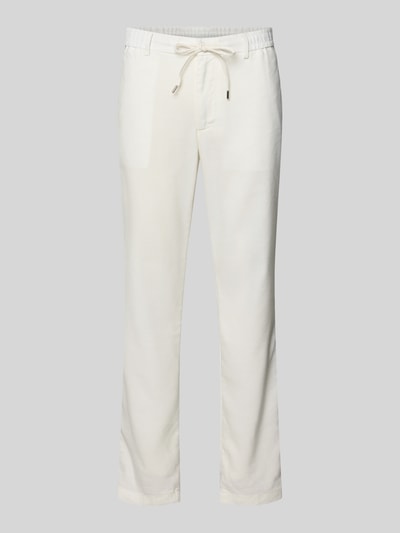 Produktfoto, Modern Fit Straight Leg Hose aus Leinen-Mix Modell 'KANE1' von BOSS in Optik: Unifarben, Regular-Fit, Leinen-Mix, seitliche Eingrifftaschen und Paspeltaschen, Bundabschluss mit Tunnelzug, Knopf-Reißverschluss, helle Farbe, glatte Textur.