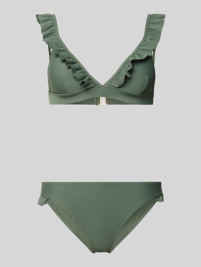 Produktfoto, grünes Bikini-Set mit Rüschen, Modell 'BOBBY' von Shiwi aus Stretch-Material, körpernah, glatte Textur