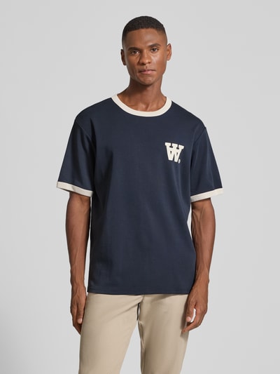 Wood Wood T-shirt met geribde ronde hals, model 'Parker' Marineblauw - 4