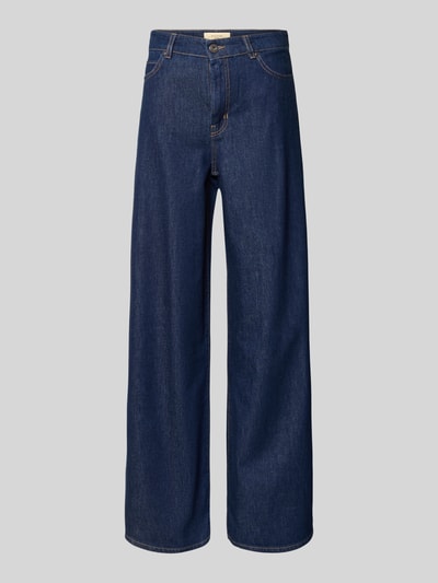 Produktfoto, Wide Leg Loose Fit Jeans aus reiner Baumwolle Modell 'VEGA' von Weekend Max Mara in dunkelblauem Denim, 5-Pocket-Design, sichtbare Nähte, unifarbene Optik, High Waist, Knopfverschluss, strukturierte Baumwolltextur