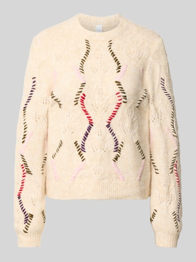 Productfoto, Pullover met kabelpatroon model 'GABBI' van YAS, beige materiaal-mix met wol, recht model, ronde hals, opvallende kleuren en texturen
