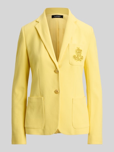 Produktfoto, Slim Fit Blazer aus Baumwoll-Mix von Lauren Ralph Lauren in Gelb, Optik: Unifarben, Reverskragen, Logo-Stitching, 2-Knopf-Verschluss, Langarm, Kissing-Buttons, Brusttasche, aufgesetzte Seitentasche, Materialverarbeitung: Jacquard.