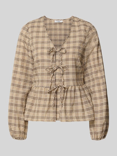 Produktfoto, Slim Fit Langarmbluse aus Baumwoll-Mix von Marc O'Polo Denim, Gitterkaro-Muster, Schleifen-Applikation, Optik: Unifarben, beige-braune Töne