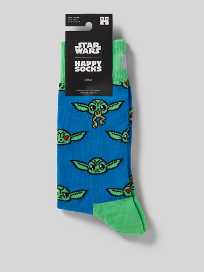 Produktfoto, blaue und grüne Socken aus Baumwoll-Mix Modell 'GROGU MOOD' von Happy Socks mit Grogu-Motiv und elastischem Rippenbündchen