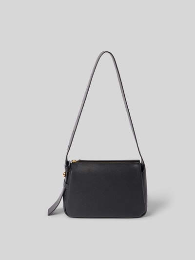 Produktfoto, Shoulder Bag mit Strukturmuster von Tory Burch in Schwarz mit Hauptfach, Reißverschluss, verstellbarem Schulterriemen, Steckfach und Knopf, Maße: Breite 43 cm, Länge 17 cm, Tiefe 9 cm.