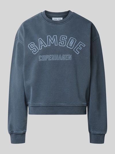 Produktfoto, Sweatshirt mit Label-Print Modell 'SAVAN' von Samsøe Samsøe, bawełna, prosta forma, okrągły dekolt, ciemnoniebieski, faktura gładka