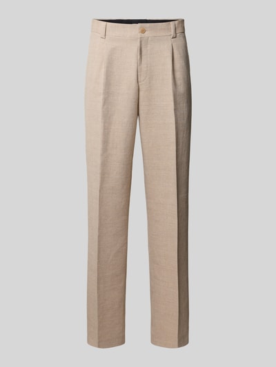 Produktfoto, Modern Fit Anzughose mit Baumwoll und Leinen Anteil von HUGO in Beige, unifarben, Fischgrät-Webstruktur, seitliche Eingrifftaschen, Gürtelschlaufen.