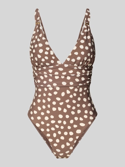 Produktfoto, Badeanzug mit V-Ausschnitt Modell 'Dauna Plunge' von Barts, braun mit weißen Punkten, Material-Mix mit Stretch, Shaping Fit
