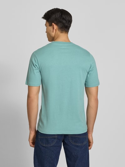 Männermodel trägt T-Shirt mit Rundhalsausschnitt Modell 'HONOLULU' von Jack & Jones in Mint, Reine Baumwolle, Regular-Fit, Rückenlänge 68 cm, Ganzkörperansicht Rückansicht.