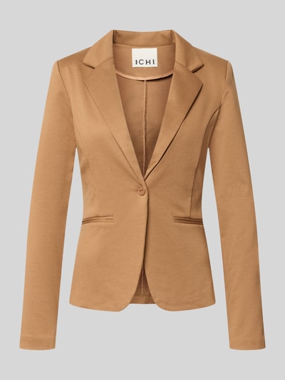 Produktfoto, Blazer mit Viskose-Anteil Modell 'Kate' von ICHI in Braun, taillierte Passform, Reverskragen, Paspeltaschen, glatte Textur. Damen Blazer von ICHI, elastischer Material-Mix mit Viskose-Anteil, Rückenlänge 59 cm, Brustweite 45 cm, Ärmellänge 55 cm.