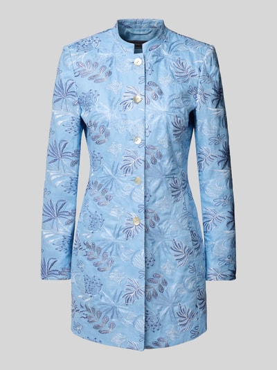 Produktfoto, Slim Fit Longblazer aus Leinen mit Stehkragen von WHITE LABEL, hellblaues florales Muster, Stitchings, Knopfleiste, reine Leinenstruktur, Rückenlänge bei Größe 36: 80 cm, Brustweite 33 cm, Ärmellänge 62 cm.