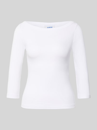 Produktfoto, weißes Slim Fit Longsleeve mit 3/4-Arm Modell 'FIFI' von JIXX aus elastischem Baumwoll-Mix, Ripp-Struktur, U-Boot-Ausschnitt.