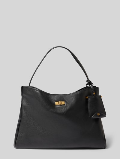 Produktfoto, Handtasche aus Leder-Mix Modell 'Valentin' von MANGO in Schwarz mit kurzem Schulterriemen, goldfarbener Klickverschluss, dezente Narbung, Innenfach mit Reißverschluss, Breite 31 cm, Länge 26 cm, Tiefe 12 cm, Schulterriemen 52 cm.