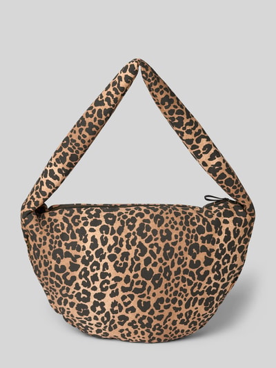 Produktfoto, Shoulder Bag aus reiner Baumwolle mit Logo-Stitching von Studio Noos im Allover-Animal-Print, Reißverschluss, beige-braun gemustert