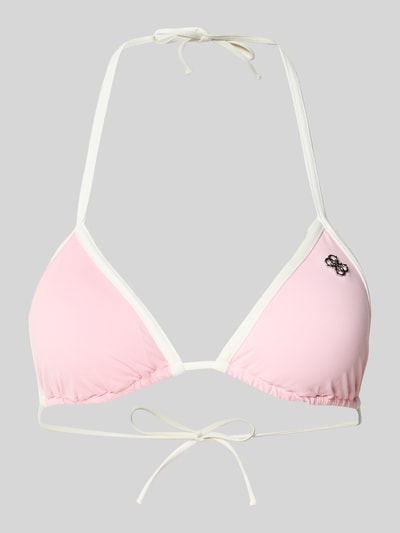 Produktfoto, Bikini-Oberteil mit Logo-Applikation Modell 'Niki' od Guess, elastyczna mieszanka materiałów, kolor jasnoróżowy z białą lamówką, wiązanie na szyi