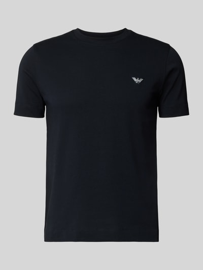 Produktfoto, T-Shirt mit Label-Stitching und Rundhalsausschnitt von Emporio Armani in Schwarz, reine Baumwolle, Slim Fit, glatte Struktur