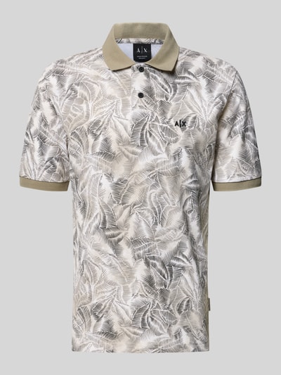 Produktfoto, Regular Fit Poloshirt im Allover-Look mit Label-Stitching von ARMANI EXCHANGE aus reiner Baumwolle, Knopfleiste, Beige-Grau-Töne, dezentes Blattmuster, kurzärmelig, Herrenmode.