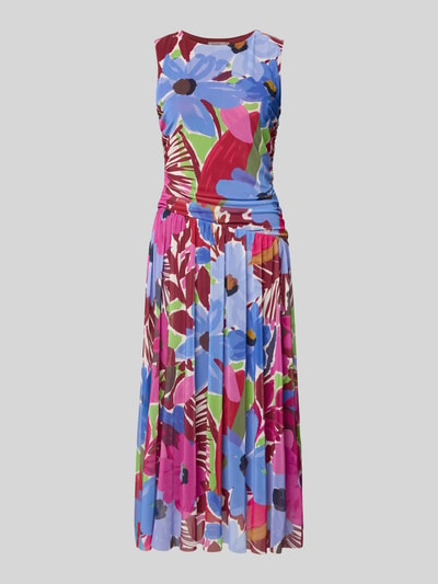Produktfoto, Midikleid aus Mesh mit Blumenprint von Christian Berg Woman Selection, Taillierter Schnitt, Drapierung, farbenfrohe Blumen-Prints, feine Mesh-Struktur, Rückenlänge bei Größe 36: 122 cm, Brustweite 42 cm.