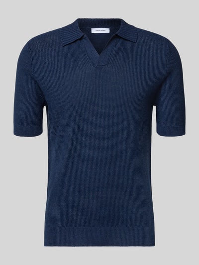 Produktfoto, Slim Fit Poloshirt mit V-Ausschnitt von GRAN SASSO in Dunkelblau, Strickstruktur, Flachs-Baumwoll-Mix, kurze Ärmel