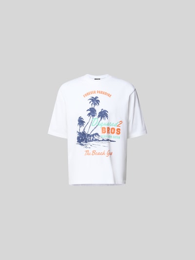 Produktfoto, Loose Fit T-Shirt aus reiner Baumwolle von Dsquared2 in Weiß mit blauem Motiv-Print, Rundhalsausschnitt, verlängerter Rückseite