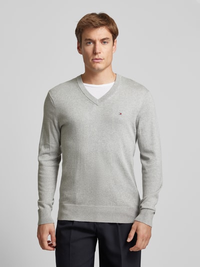 Tommy Hilfiger Gebreide pullover met logostitching, model 'PIMA' Lichtgrijs gemêleerd - 4