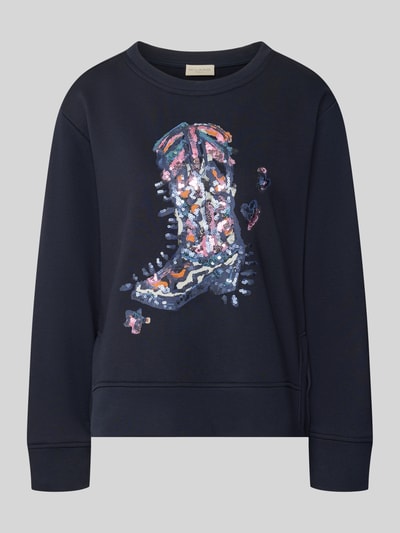 Produktfoto, Sweatshirt mit Motiv-Print und Pailletten van Milano Italy in donkerblauw katoenmix met relaxed fit, ronde hals, Dames