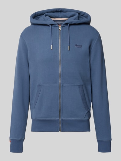 Produktfoto, Sweatjacke mit Kapuze und Logo-Stitching von Superdry, blauer Baumwoll-Mix, Reißverschluss, seitliche Taschen, gerippte Abschlüsse