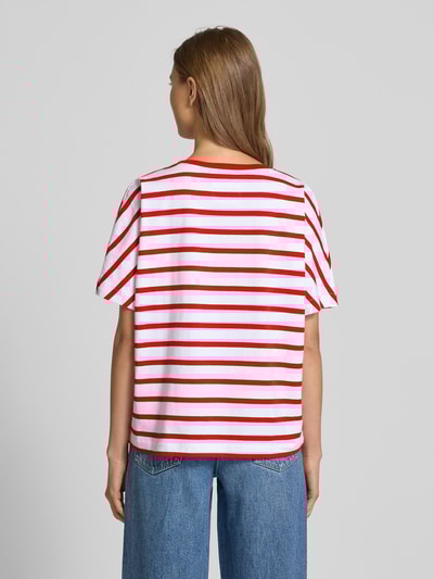 Oui T-Shirt mit Rundhalsausschnitt und Stitchings Hellrot 5