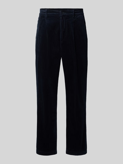 Produktfoto, Cordhose mit Bundfalten und Eingrifftaschen von Lindbergh aus reiner Baumwolle, Regular Fit, dunkelblaue Struktur, gerade Form, Bundweite 41 cm, Innenbeinlänge 68 cm