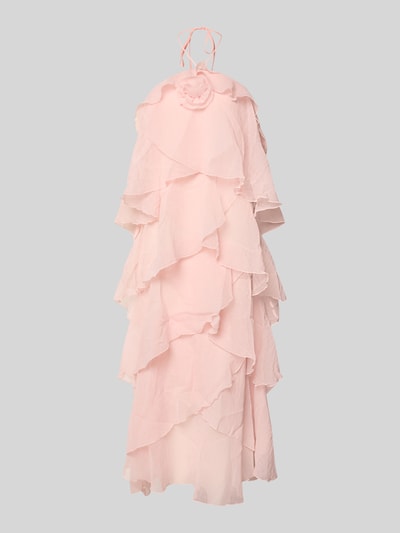 Produktfoto, Maxikleid mit 3D-Rüschendetails Modell 'DELILAH' von Vero Moda in zartem Rosa, unifarbene Optik, Regular Fit, Maxi-Länge, Nahtreißverschluss, Spaghettiträger, feine Stoffstruktur, Rüschen-Blüte auf der Vorderseite